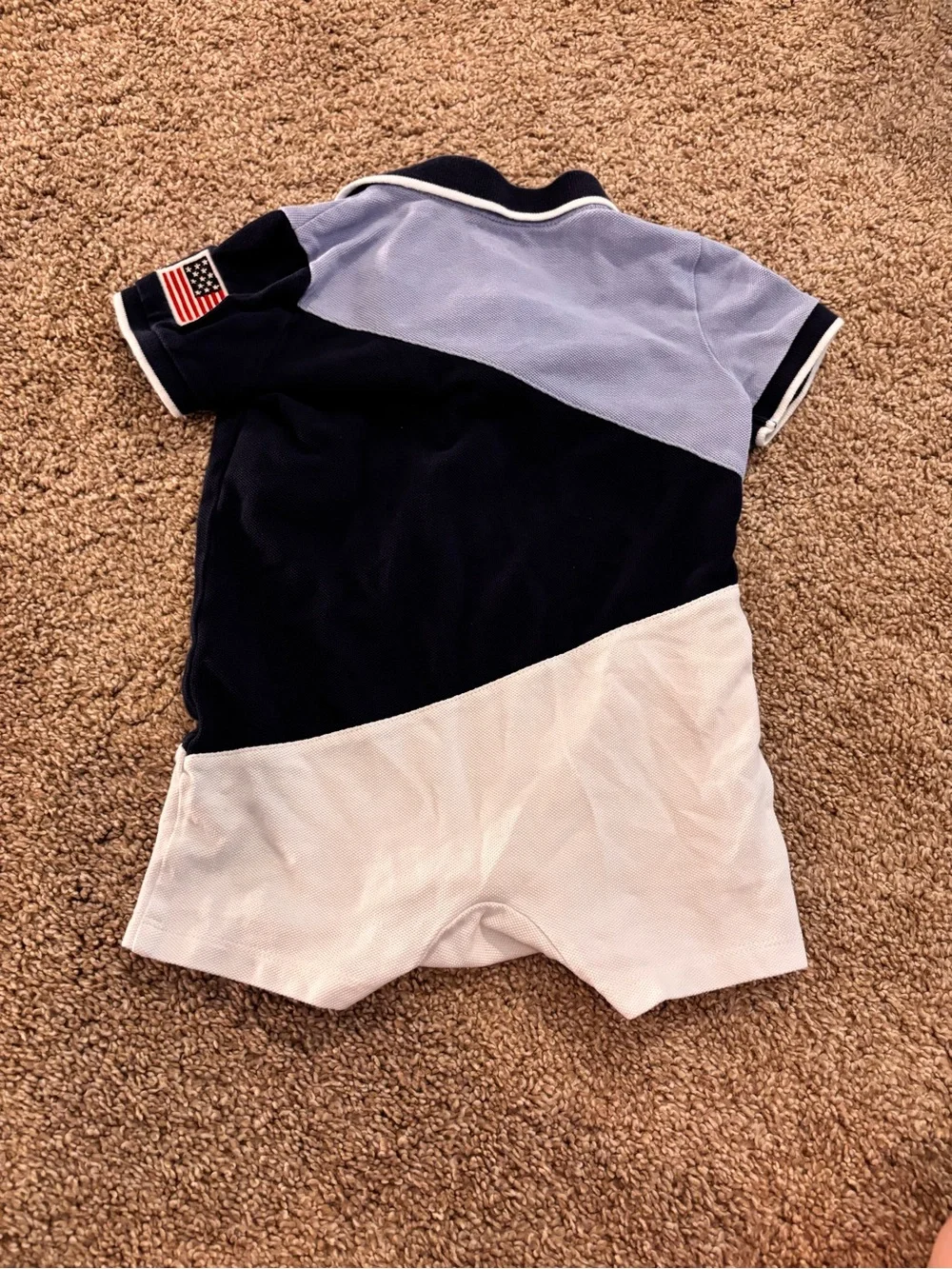 Ralph Lauren Baby Polo Romper in Navy, Light Blue & White Trim